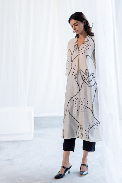 Ecru Bandhani Kurta and Black Pants Set
