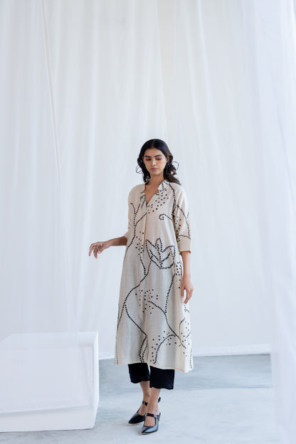 Ecru Bandhani Kurta and Black Pants Set