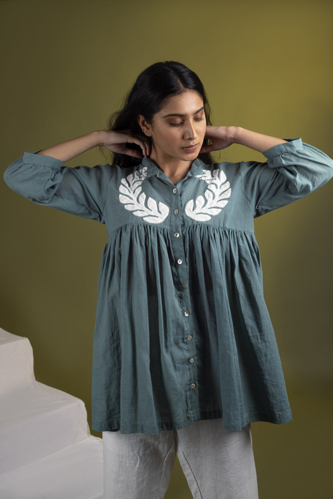 Teal Applique Gathered Top