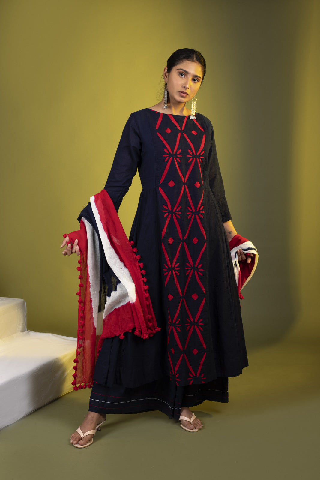 Lavangi Women's Red Lucknow Chikan Embroidery Chiffon Kurti