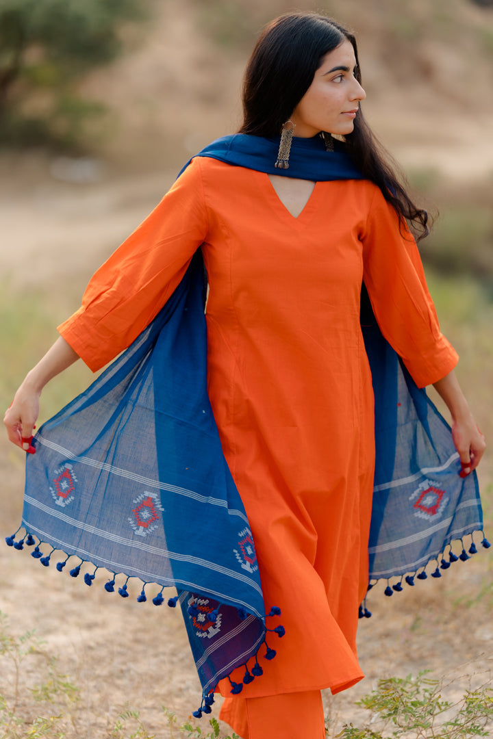 Orange Kurta Set with Blue Jaamdani Dupatta