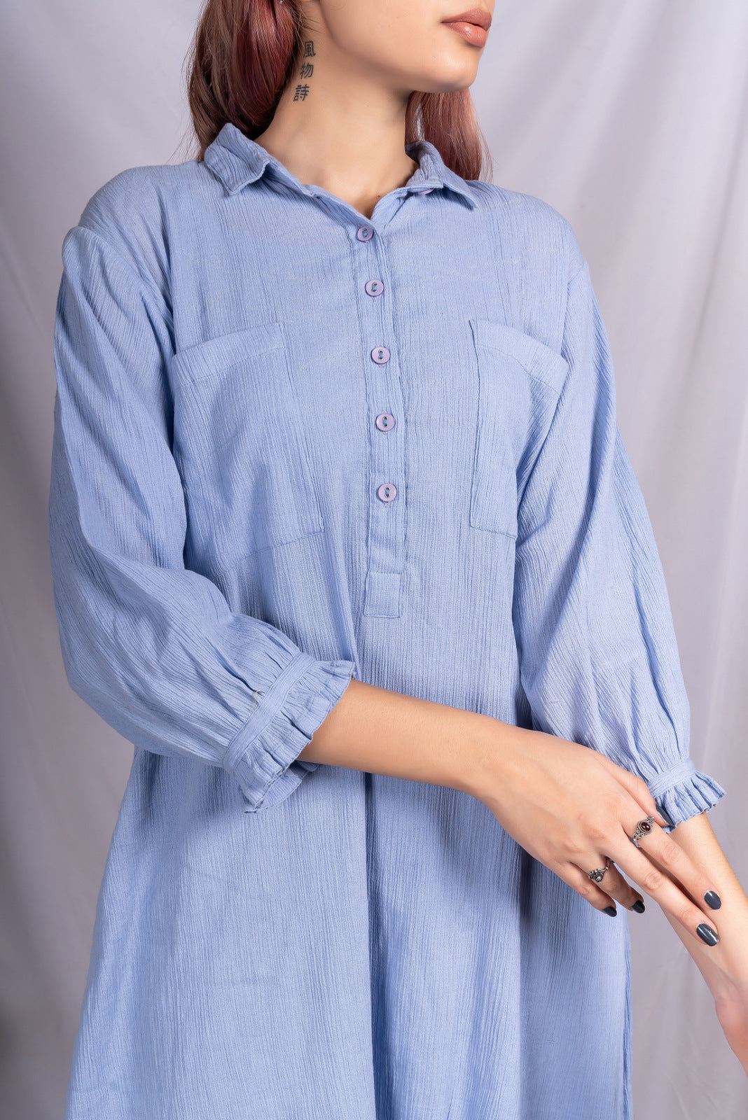 Blue crinkled high low tunic