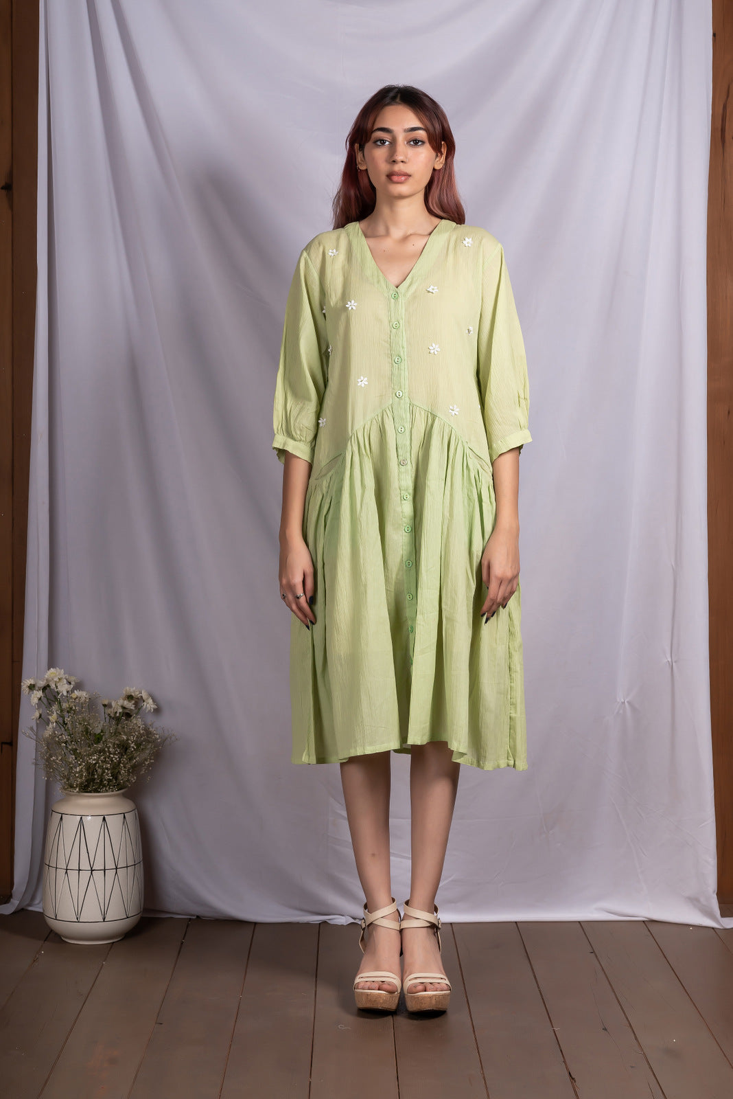 Pale green crinkled cotton dress