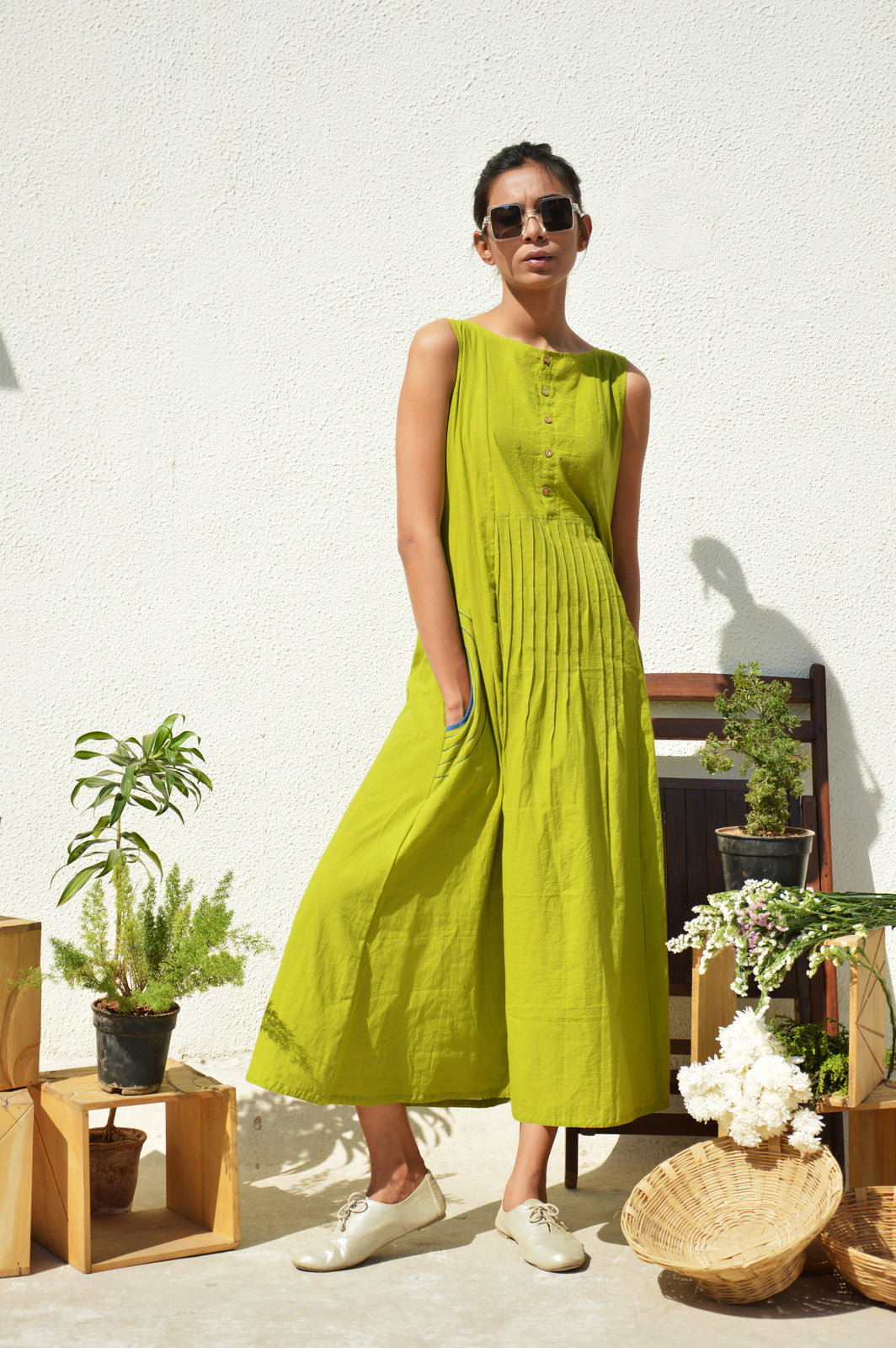 Lime Green Waist-Tucks Dress