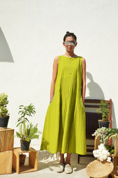 Lime Green Waist-Tucks Dress S Lime Green Waist-Tucks Dress S