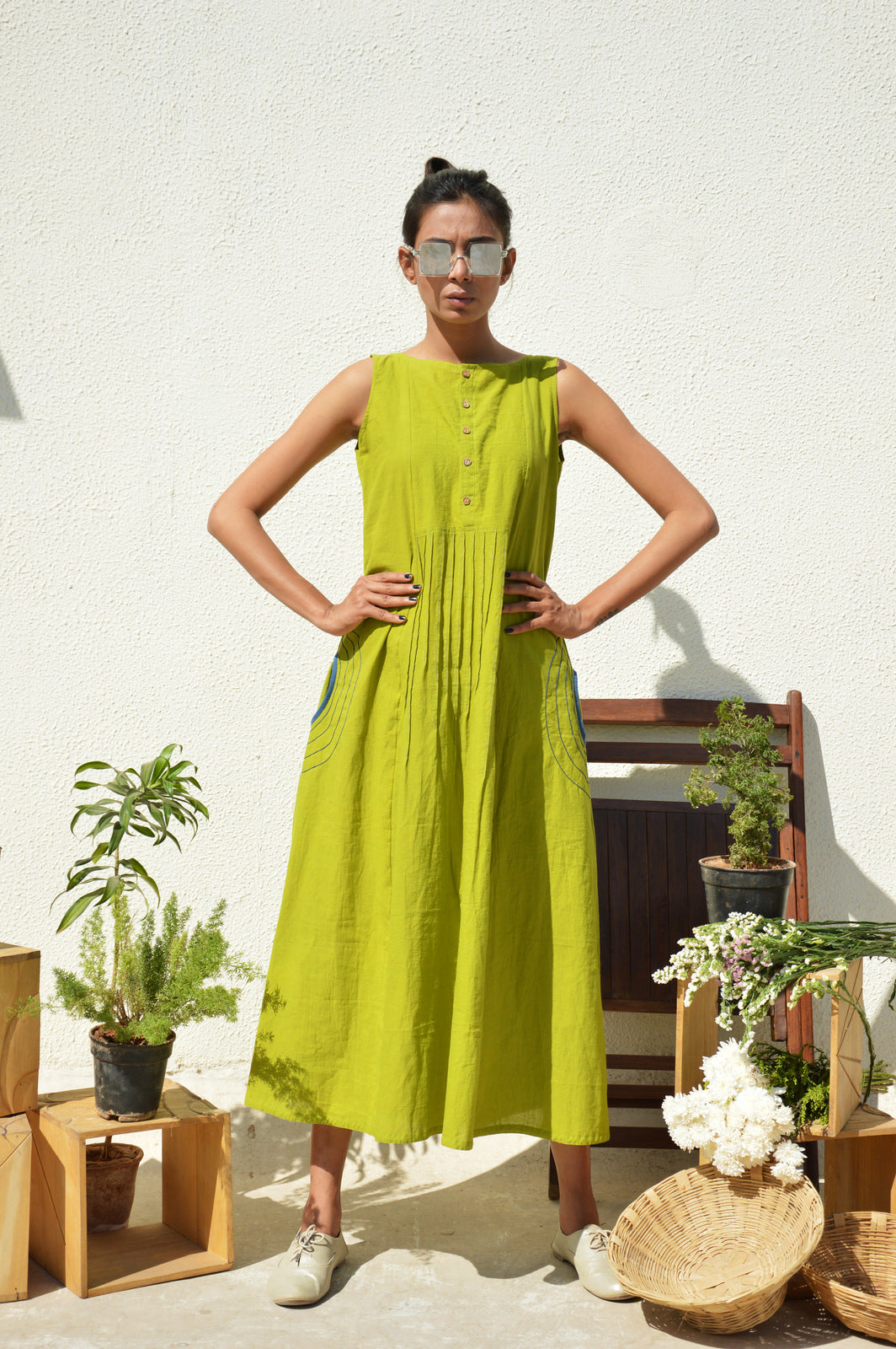 Lime Green Waist-Tucks Dress