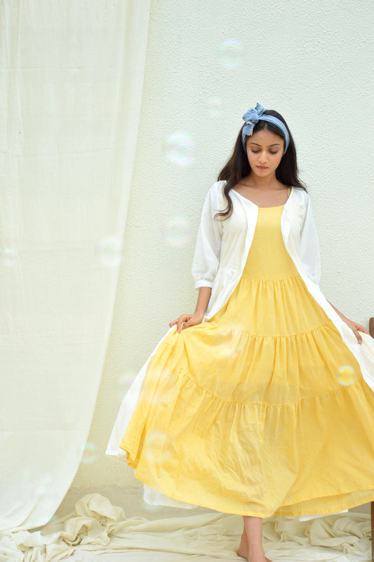 Yellow Mulmul Tiered Dress with Cape