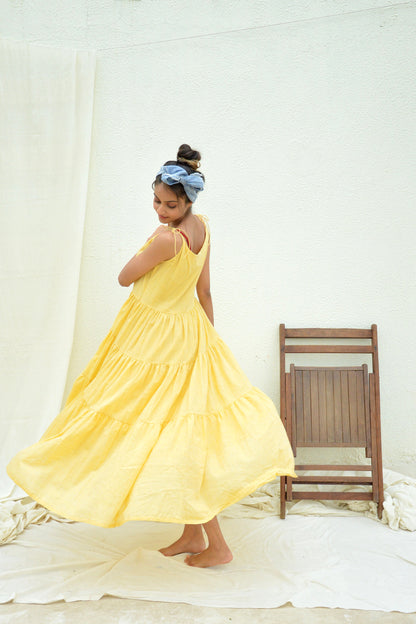 Yellow Mulmul Tiered Dress