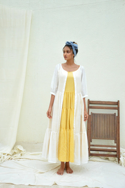 Yellow Mulmul Tiered Dress with Cape